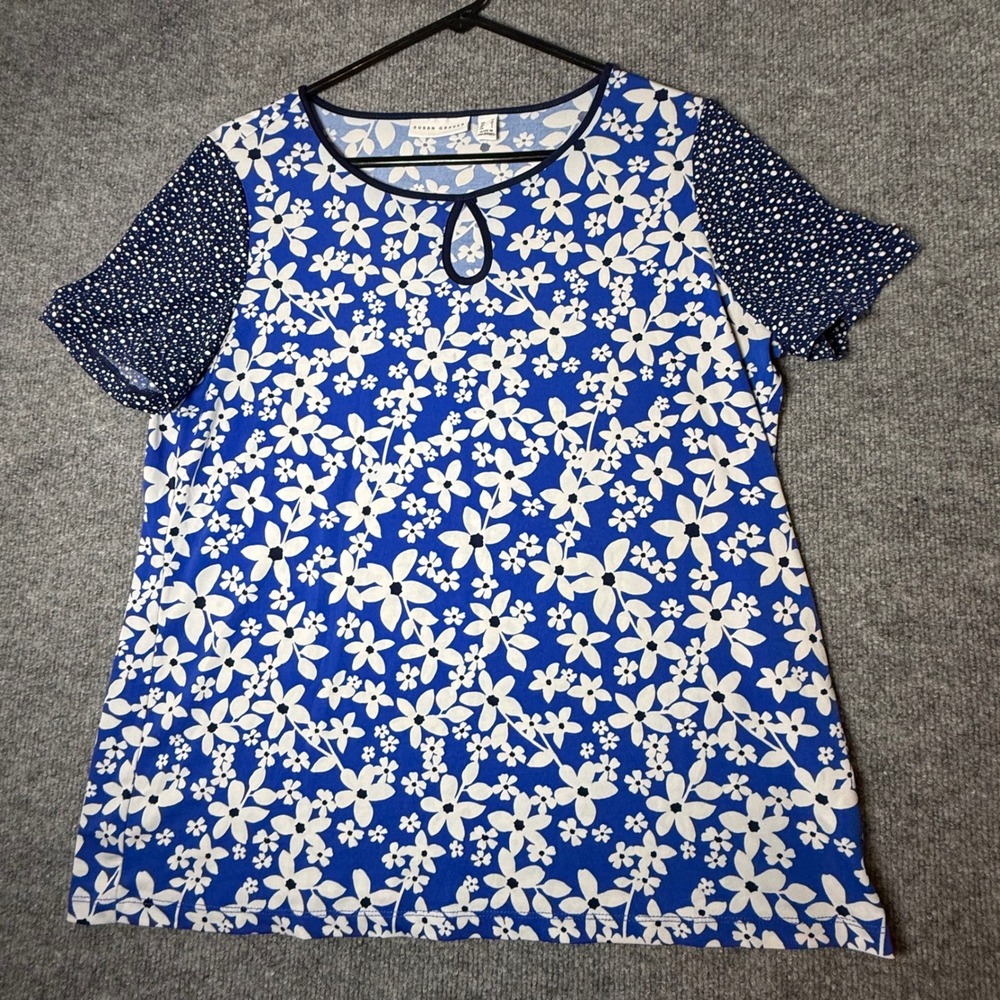 Susan Graver Womens Blue White Floral Polka Dot Keyhole Short Sleeve Top Size M